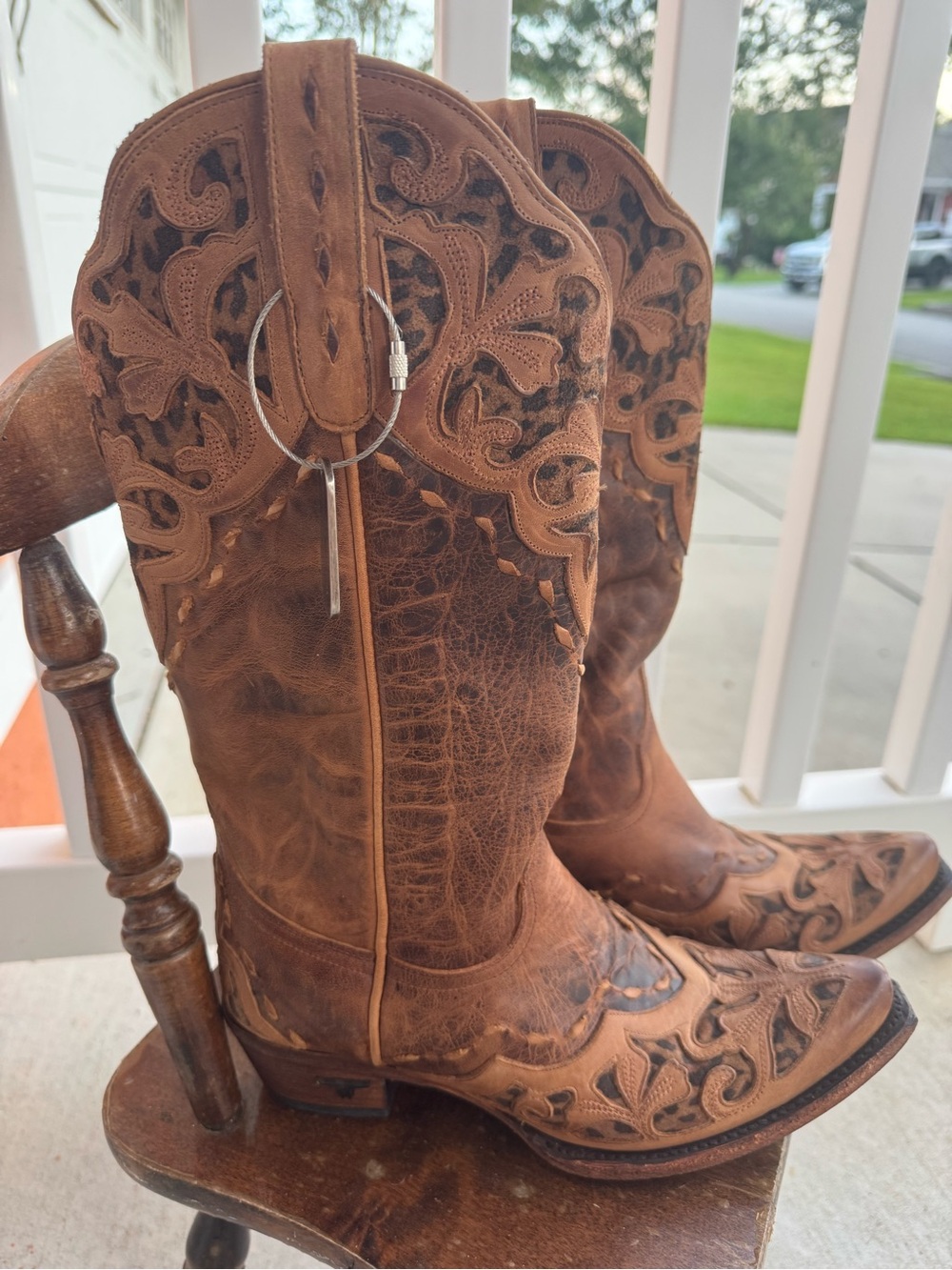 Lane Leopard Cutout Leather Cowboy Boots Brown Size 8 - Picture 3 of 13